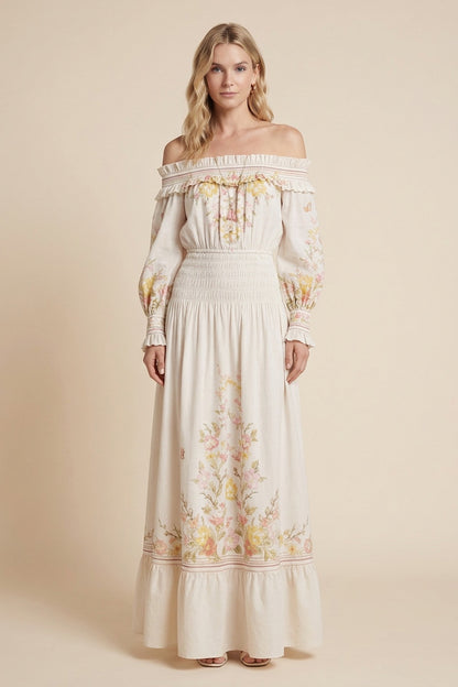Cream A-Line Maxi Dress with Off-the-Shoulder Smocked Detail cream lightweight woven cotton or linen blend dress - product view 1