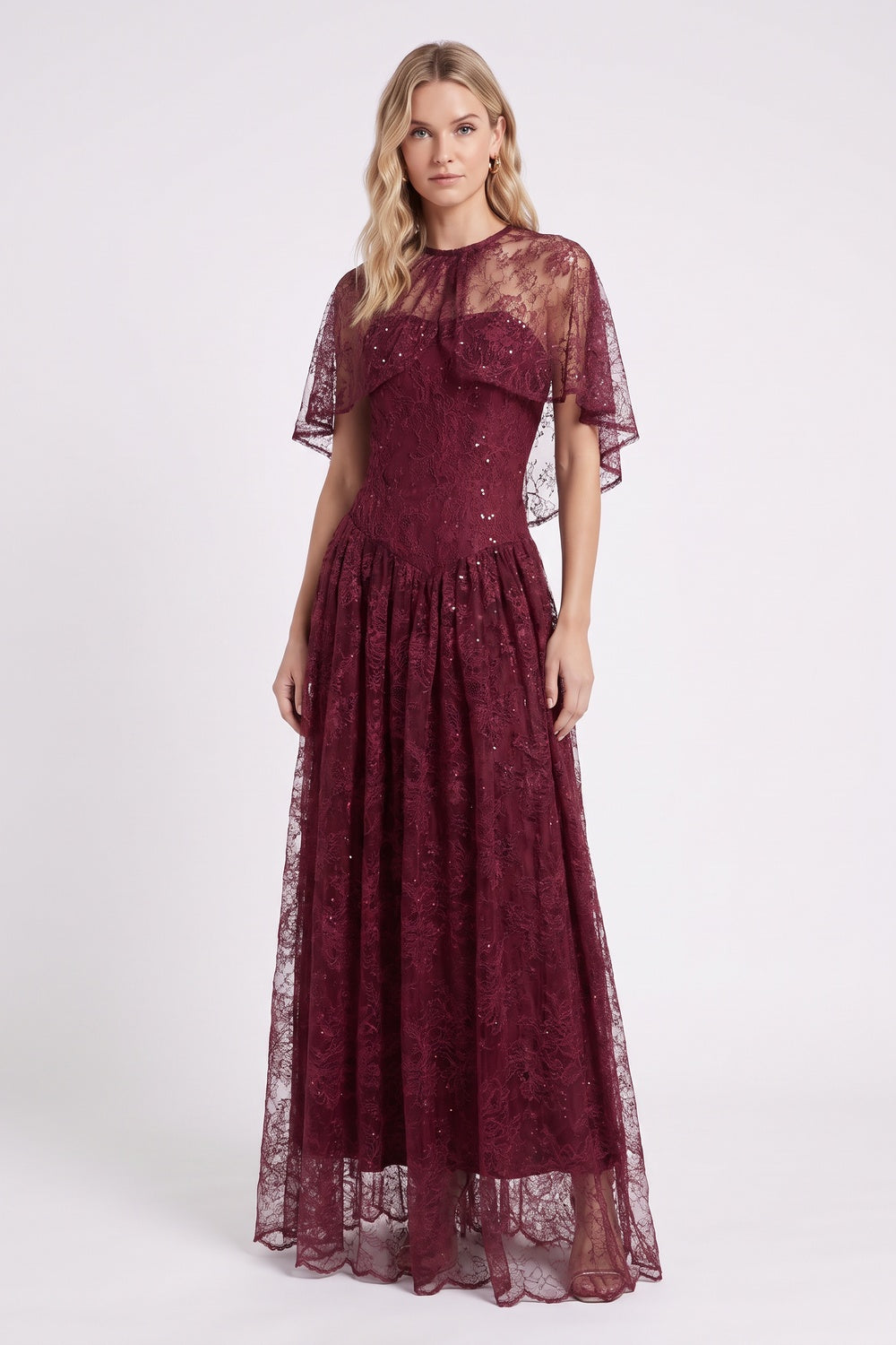 Burgundy Floral Lace A-Line Maxi Dress with Capelet Overlay burgundy floral lace maxi dress with capelet overlay - product view 1