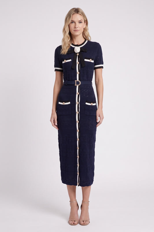 Navy Blue Textured Knit Sheath Dress with Contrast Trim navy blue textured knit dress - product view 1