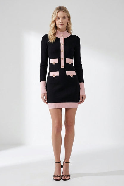 Black Fine Knit Bodycon Mini Dress with Pink Contrast black fine knit dress - product view 1