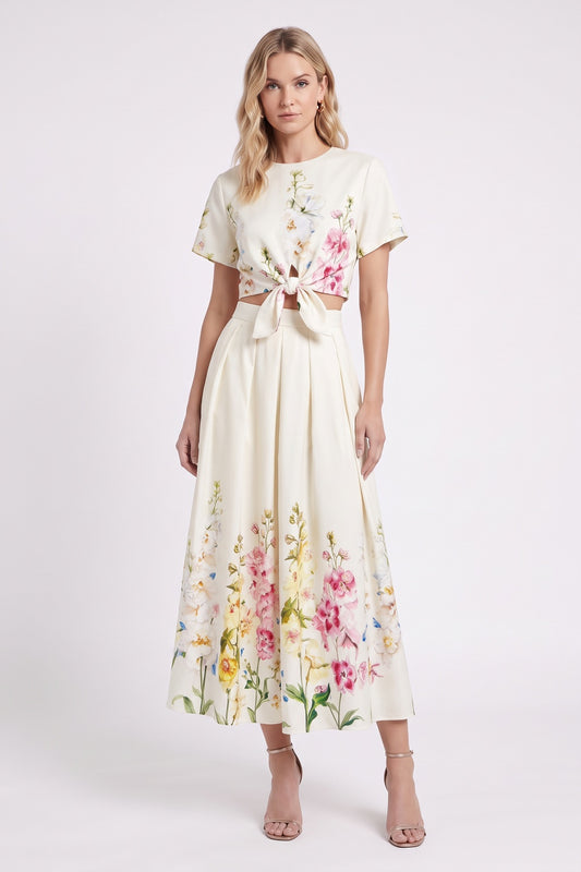 Cream Floral Two-Piece Co-Ord Set with Tie-Knot Crop Top and Pleated Midi Skirt cream, off-white structured woven cotton or polyester blend two-piece co-ord set - product view 1