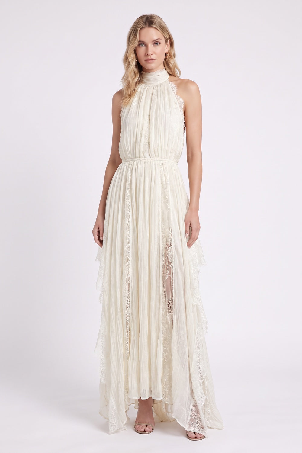 Ivory Crinkled Chiffon A-Line Maxi Dress with Lace Panels ivory crinkled chiffon dress - product view 1