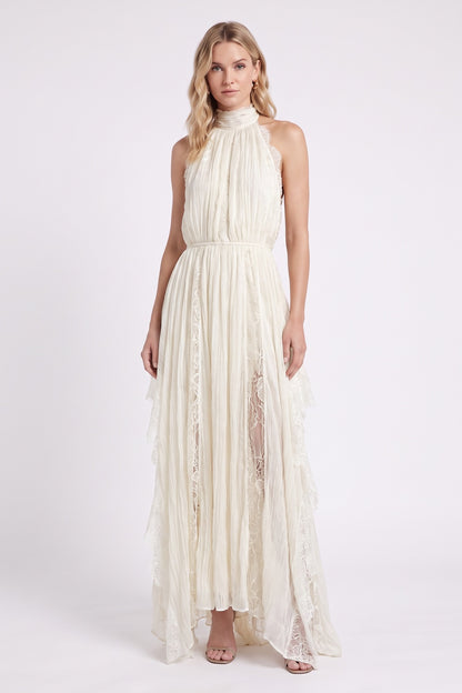 Ivory Crinkled Chiffon A-Line Maxi Dress with Lace Panels ivory crinkled chiffon dress - product view 1