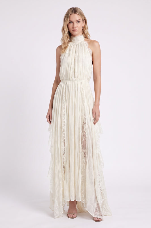 Ivory Crinkled Chiffon A-Line Maxi Dress with Lace Panels ivory crinkled chiffon dress - product view 1