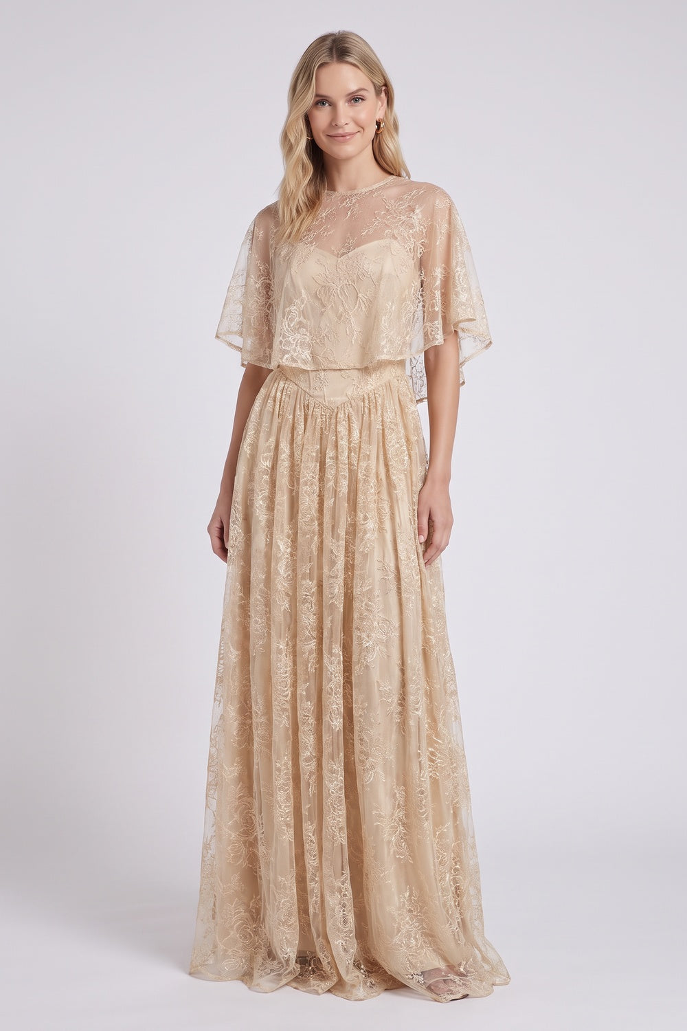 Champagne Embroidered Floral Lace A-Line Layered Maxi Dress champagne, beige embroidered floral lace layered lace maxi dress - product view 1