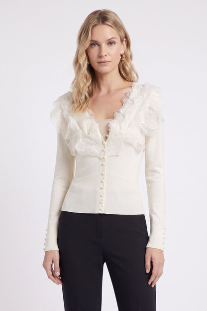 Off-White Fitted Knit Cardigan with Organza Ruffles off-white fine knit cardigan - product view 1