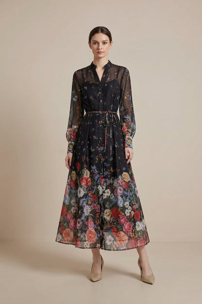 Black Sheer Chiffon A-Line Shirt Dress with Floral Print black sheer chiffon shirt dress - product view 1