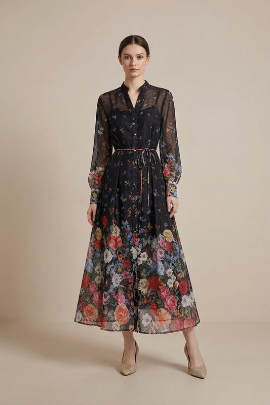 Black Sheer Chiffon A-Line Shirt Dress with Floral Print black sheer chiffon shirt dress - product view 1