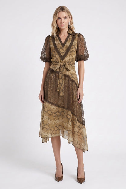 Beige Chiffon A-Line Asymmetric Tiered Snakeskin Midi Dress beige, brown, tan chiffon dress - product view 1