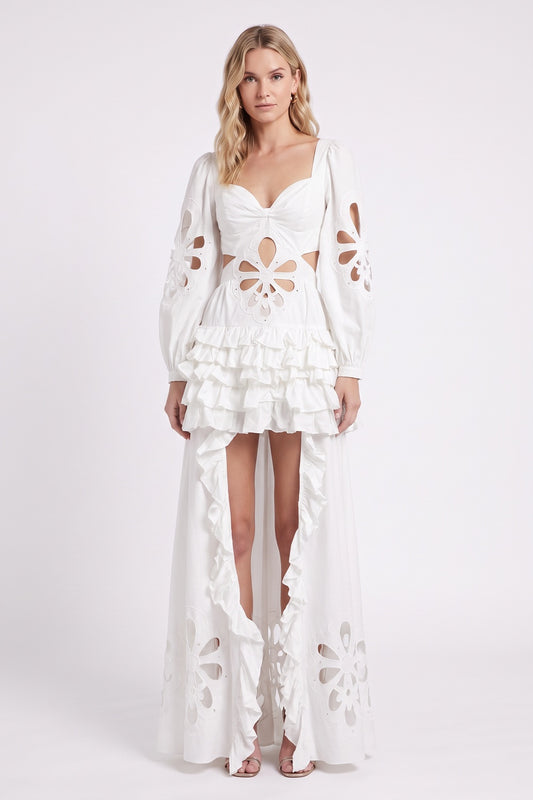 White Ruffle High-Low Cut-Out Midi Dress Premium Fabric - product view 1