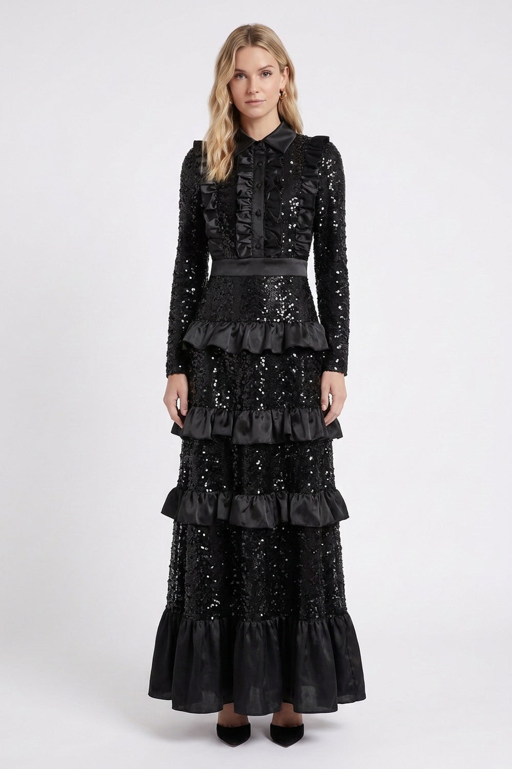 Black Sequined Mesh Tiered A-Line Maxi Dress black sequined mesh maxi dress - product view 1