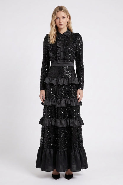 Black Sequined Mesh Tiered A-Line Maxi Dress black sequined mesh maxi dress - product view 1