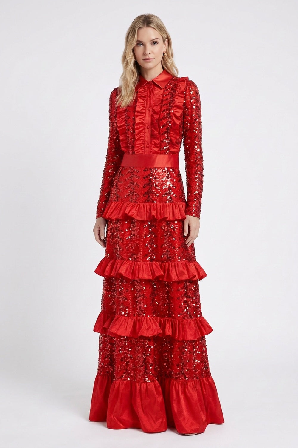 Red Sequined Mesh Tiered A-Line Gown red sequined mesh gown - product view 1