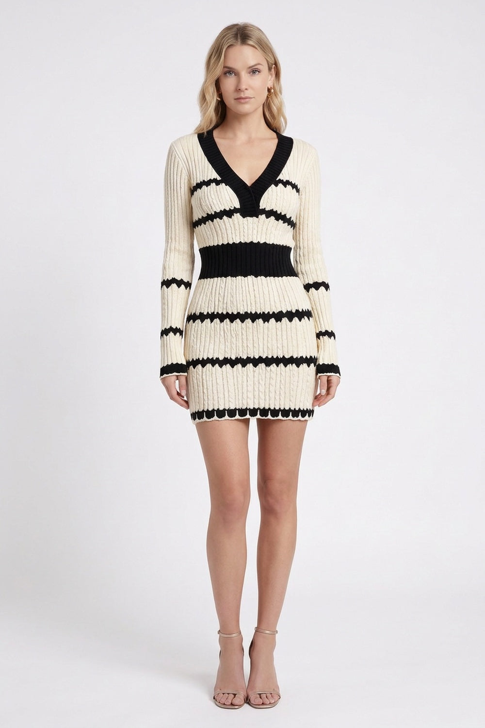 Cream & Black Ribbed Knit Bodycon Sweater Dress cream ribbed knit sweater dress - product view 1