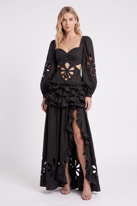 Black Floral Cut-Out Tiered Ruffle Maxi Dress Premium Fabric - product view 1