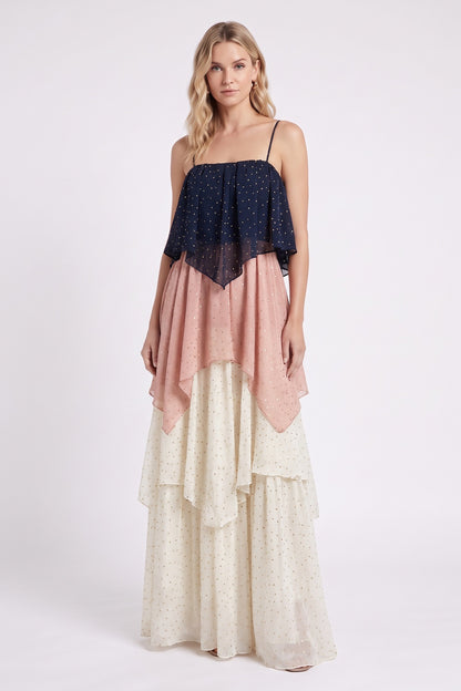 Navy Blue, Dusty Pink & Cream Chiffon A-Line Tiered Maxi Dress navy blue, dusty pink, cream chiffon dress - product view 1