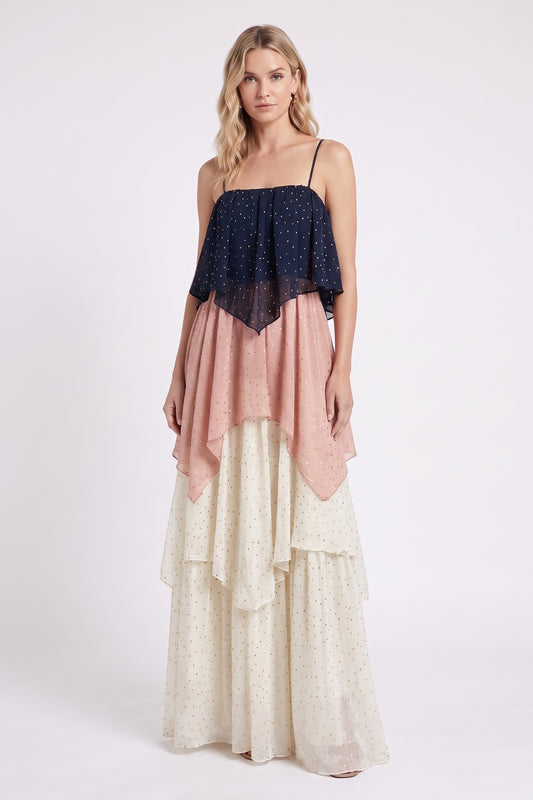 Navy Blue, Dusty Pink & Cream Chiffon A-Line Tiered Maxi Dress navy blue, dusty pink, cream chiffon dress - product view 1