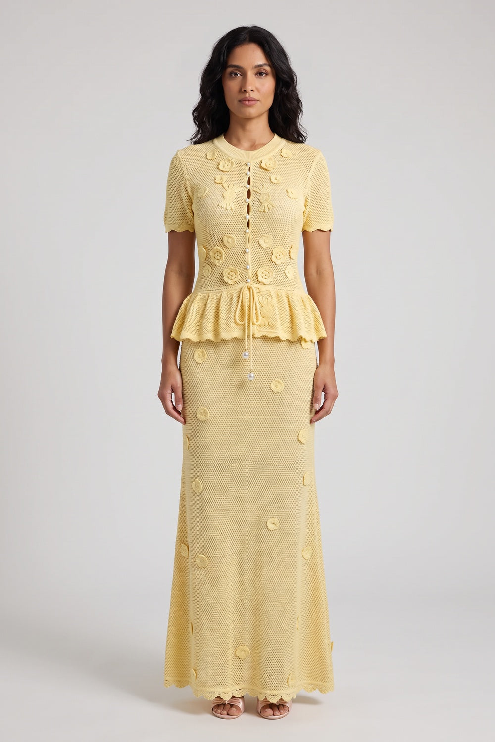 Pale Yellow Pointelle Knit Peplum Top & Maxi Skirt Two-Piece Set pale yellow pointelle knit two-piece knit set - product view 1