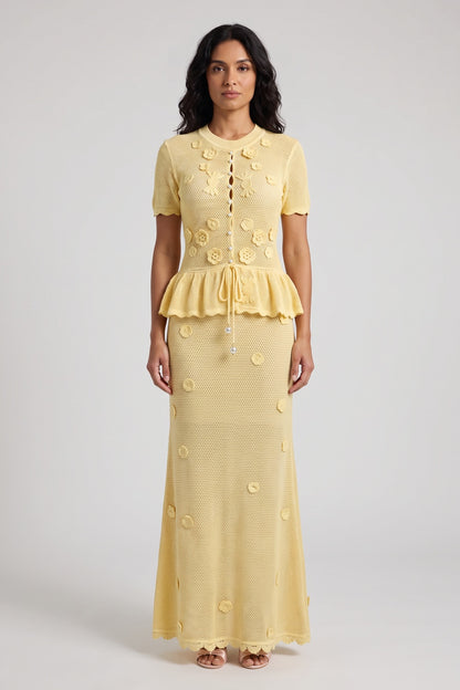 Pale Yellow Pointelle Knit Peplum Top & Maxi Skirt Two-Piece Set pale yellow pointelle knit two-piece knit set - product view 1