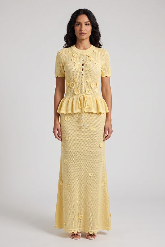 Pale Yellow Pointelle Knit Peplum Top & Maxi Skirt Two-Piece Set pale yellow pointelle knit two-piece knit set - product view 1