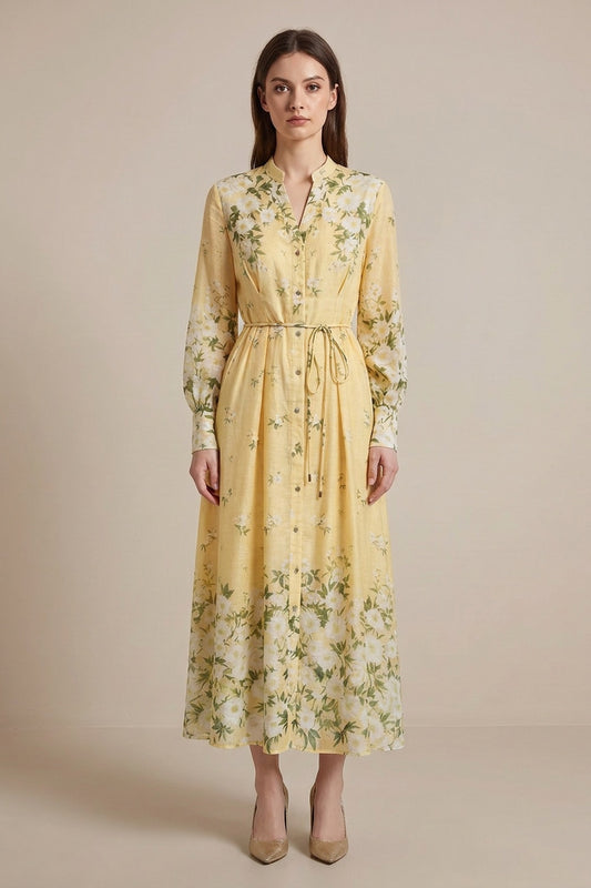 Pale Yellow Lightweight Woven Chiffon A-Line Maxi Shirt Dress pale yellow lightweight woven chiffon maxi shirt dress - product view 1