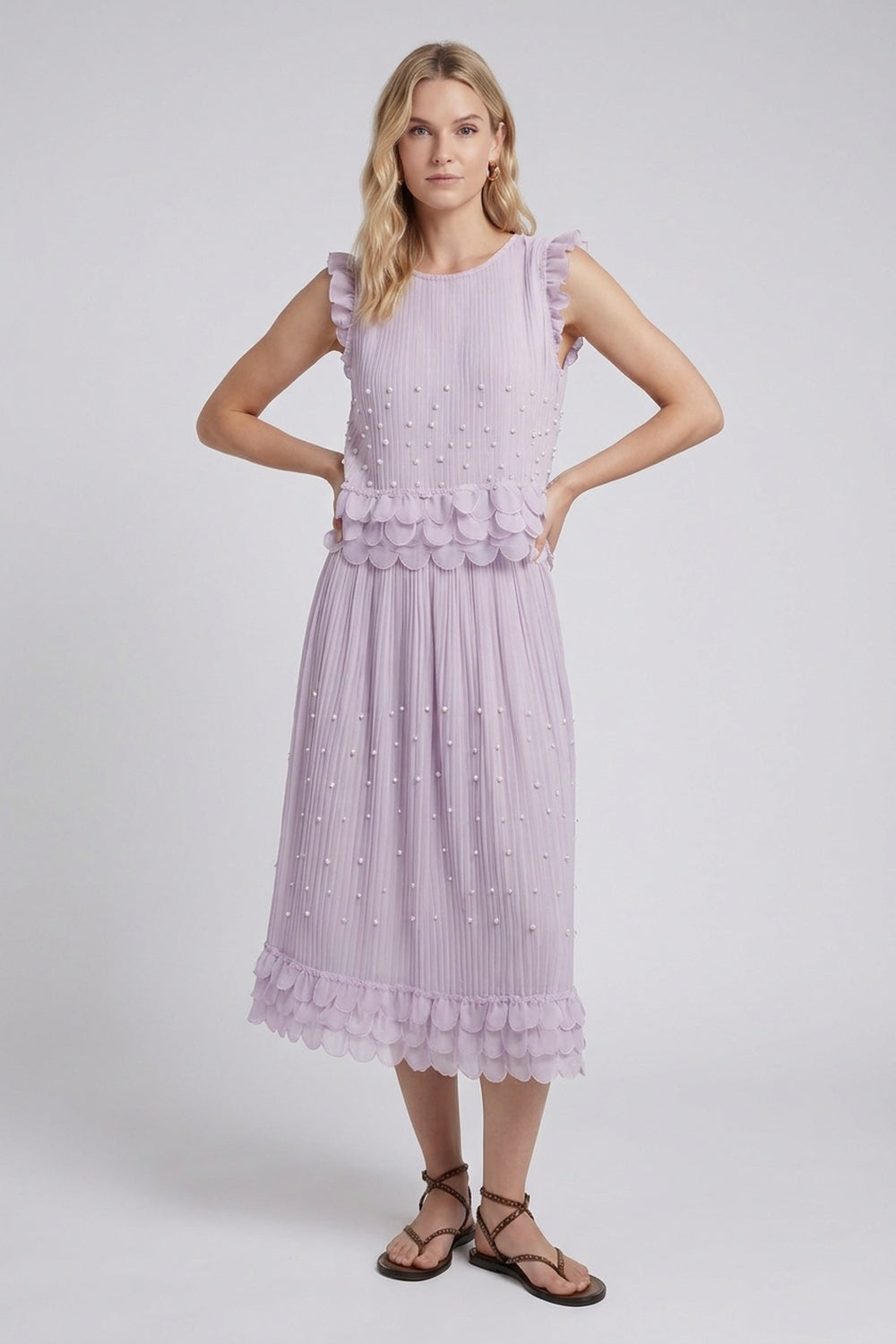 Lavender Pleated Chiffon Two-Piece Set: Relaxed Sleeveless Top & A-Line Midi Skirt lavender lightweight pleated chiffon two-piece set - product view 1