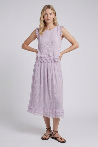 Lavender Pleated Chiffon Two-Piece Set: Relaxed Sleeveless Top & A-Line Midi Skirt lavender lightweight pleated chiffon two-piece set - product view 1