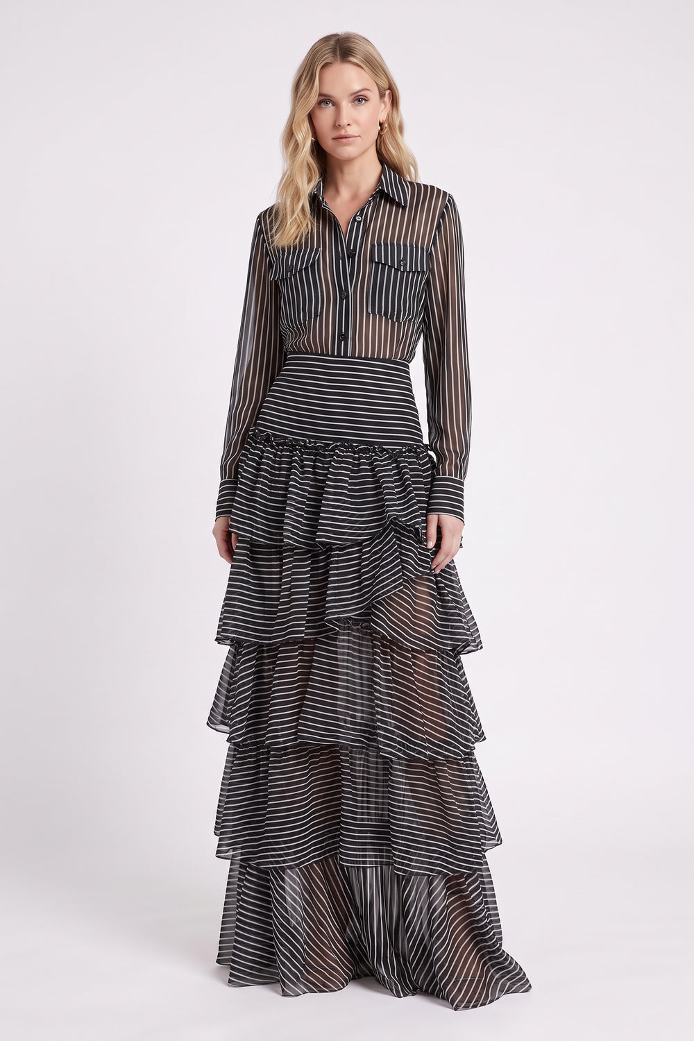 Black Sheer Chiffon Two-Piece Matching Set with Asymmetrical Tiered Skirt black, white sheer chiffon or organza two-piece matching set (shirt and skirt) - product view 1