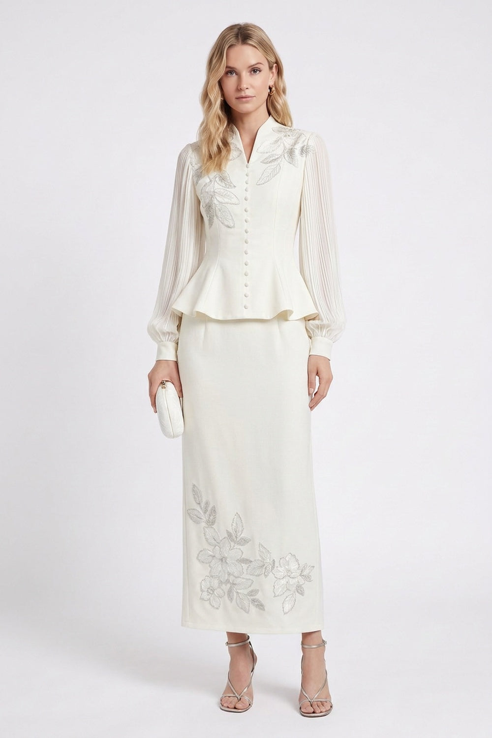 Off-White Structured Crepe Peplum Top & Column Maxi Skirt Two-Piece Set off-white structured crepe two-piece set - product view 1