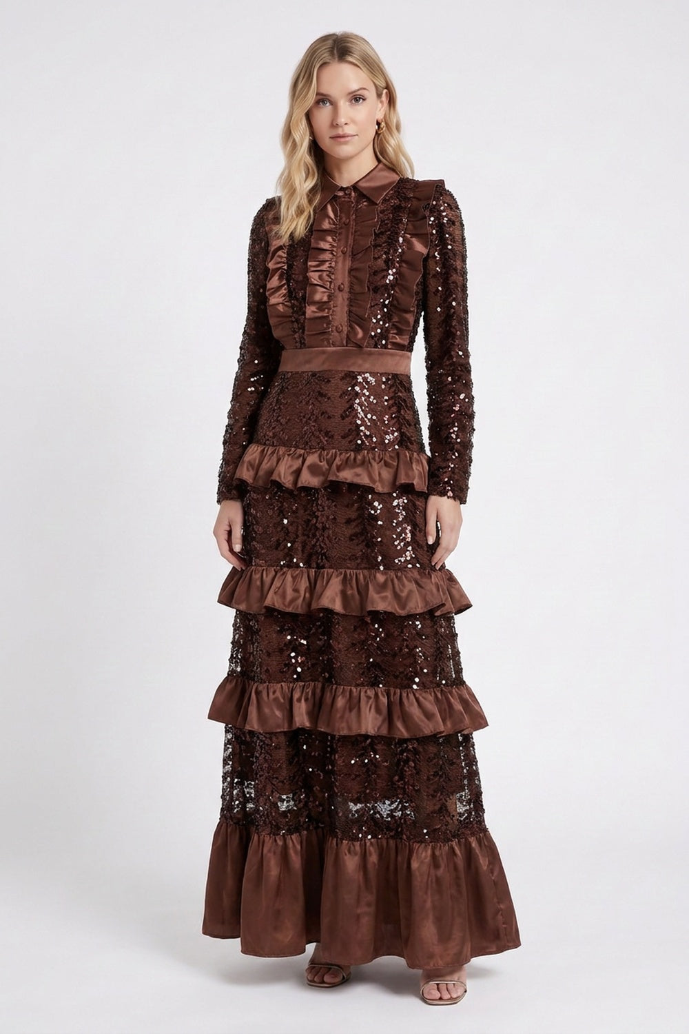 Dark Brown Sequined Mesh Tiered A-Line Maxi Dress dark brown sequined mesh dress - product view 1