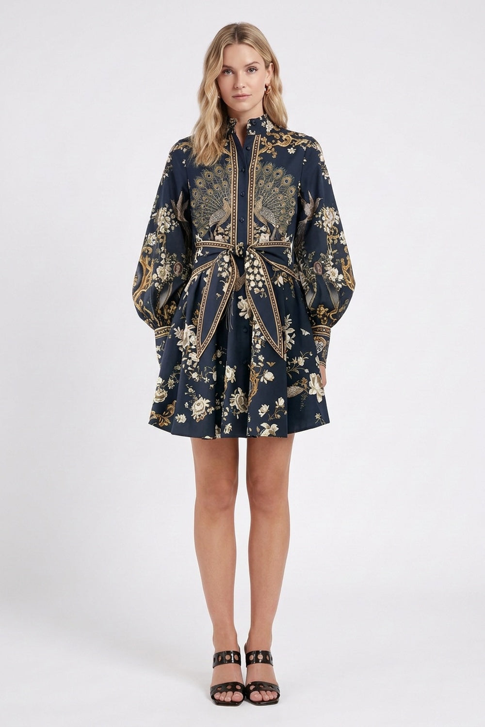 Navy Blue Baroque Print Fit-and-Flare Shirt Dress navy blue structured cotton poplin shirt dress - product view 1