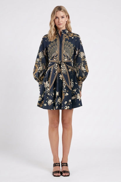 Navy Blue Baroque Print Fit-and-Flare Shirt Dress navy blue structured cotton poplin shirt dress - product view 1