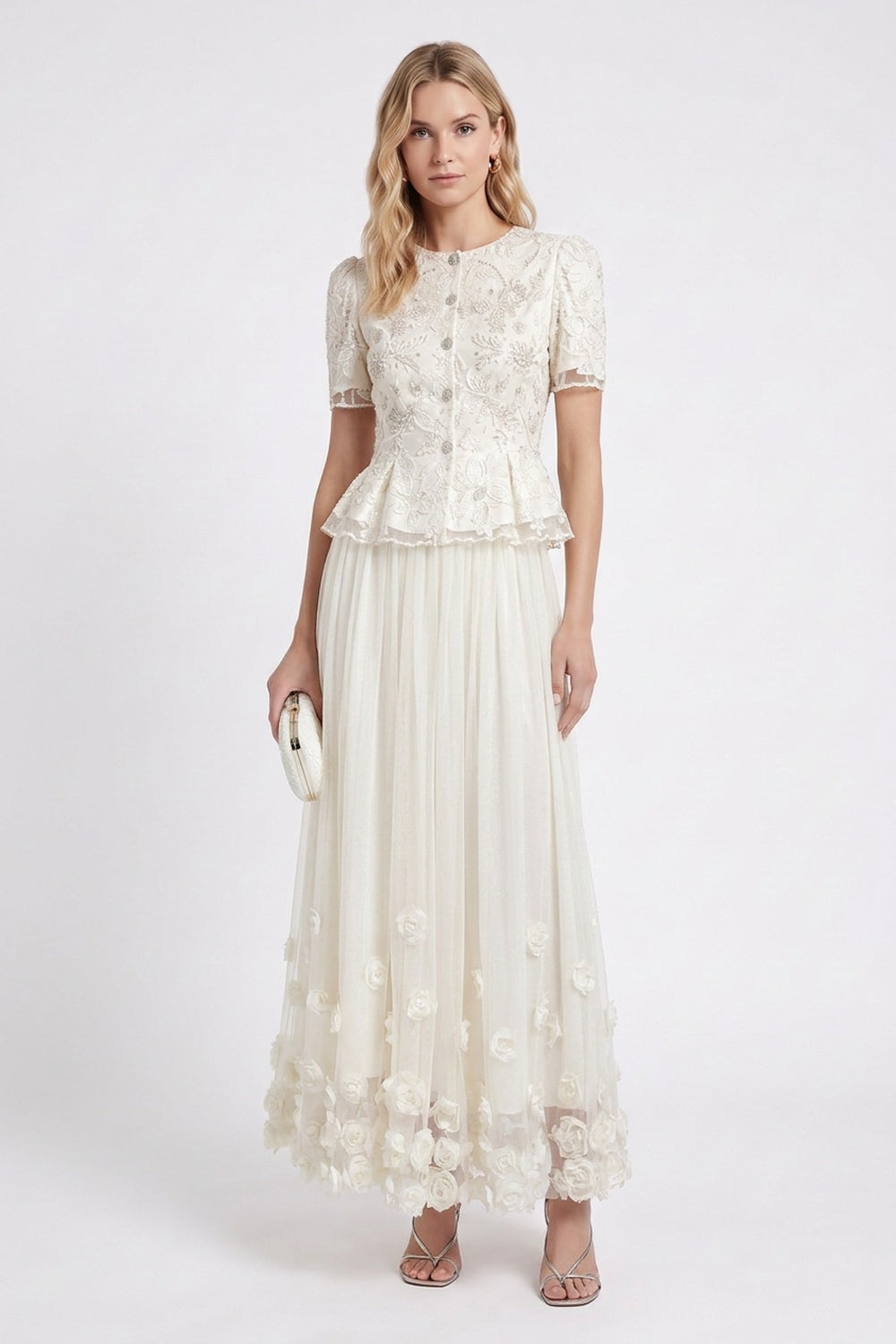 Off-White Embroidered Organza and Tulle Fitted Peplum Top with Flared A-Line Skirt Two-Piece Set off-white embroidered organza and tulle two-piece set - product view 1
