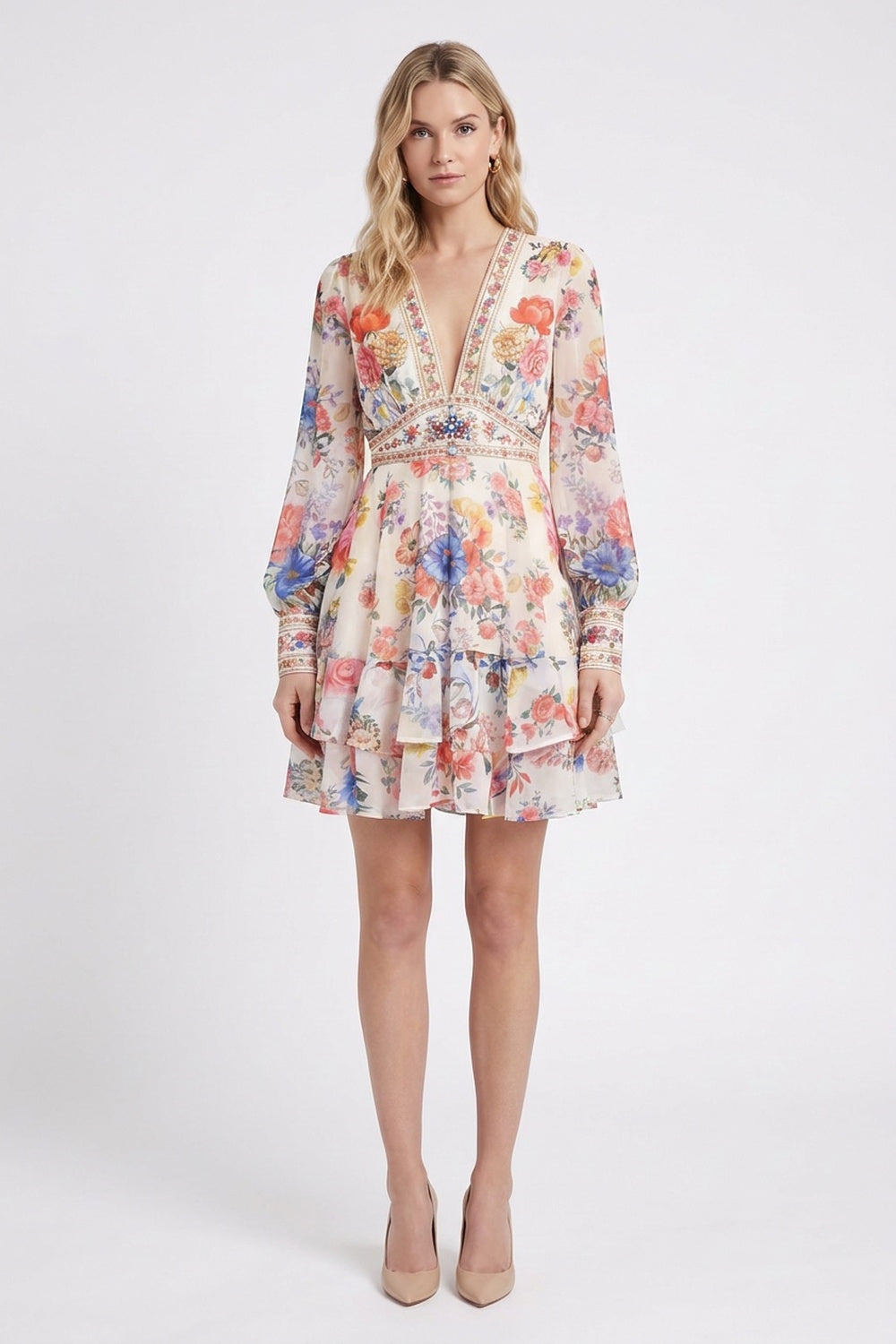 Cream Floral Chiffon Tiered Mini Dress cream, off-white chiffon dress - product view 1