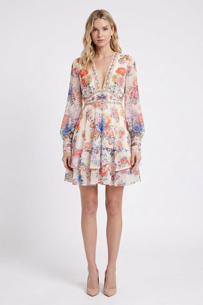 Cream Floral Chiffon Tiered Mini Dress cream, off-white chiffon dress - product view 1