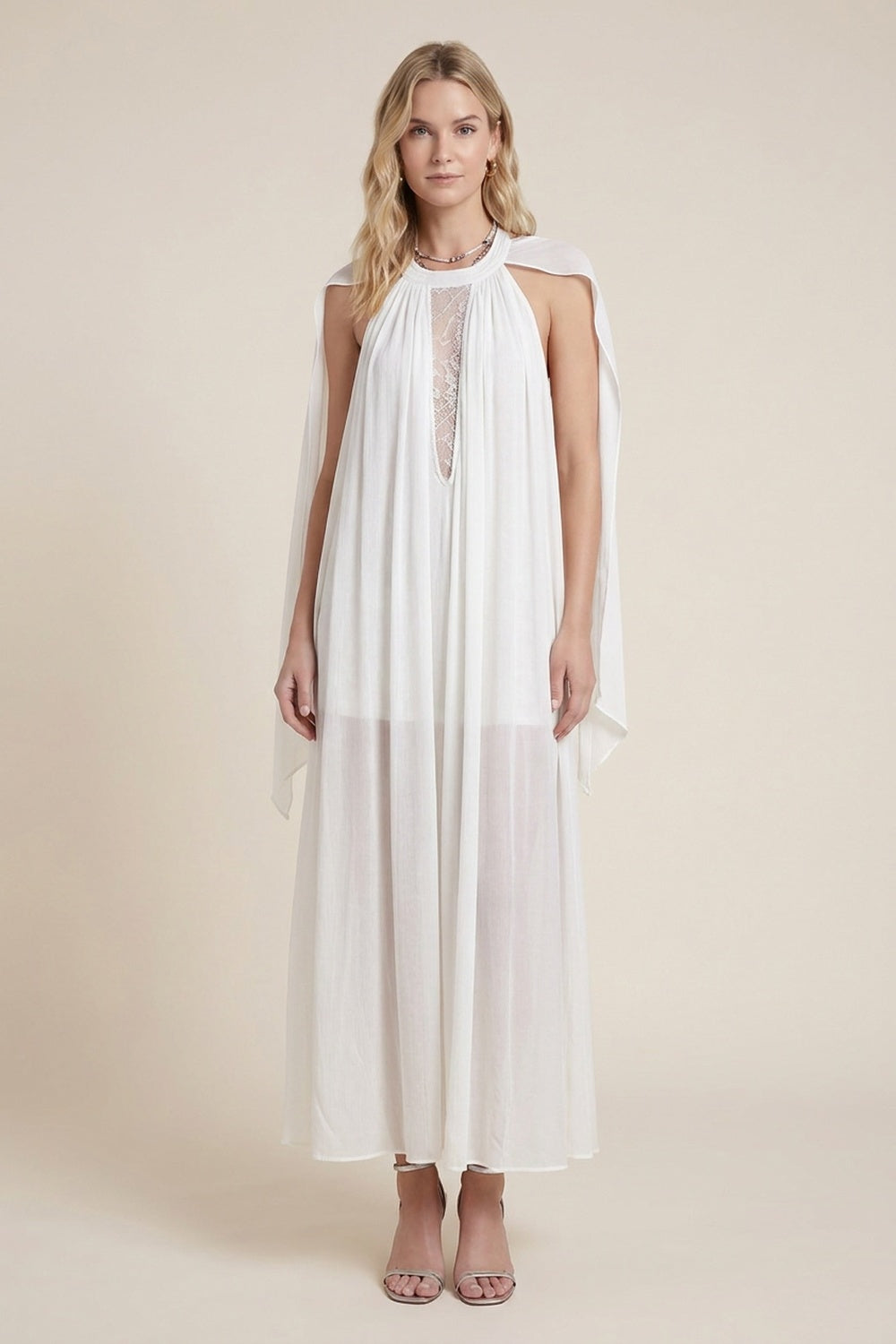White Semi-Sheer Crinkle Chiffon A-Line Maxi Dress white lightweight semi-sheer crinkle chiffon dress - product view 1