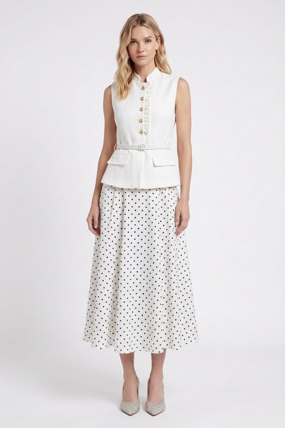 White Structured Woven Fitted Peplum Top & Flared A-Line Midi Skirt Two-Piece Set white structured woven cotton-blend two-piece set - product view 1