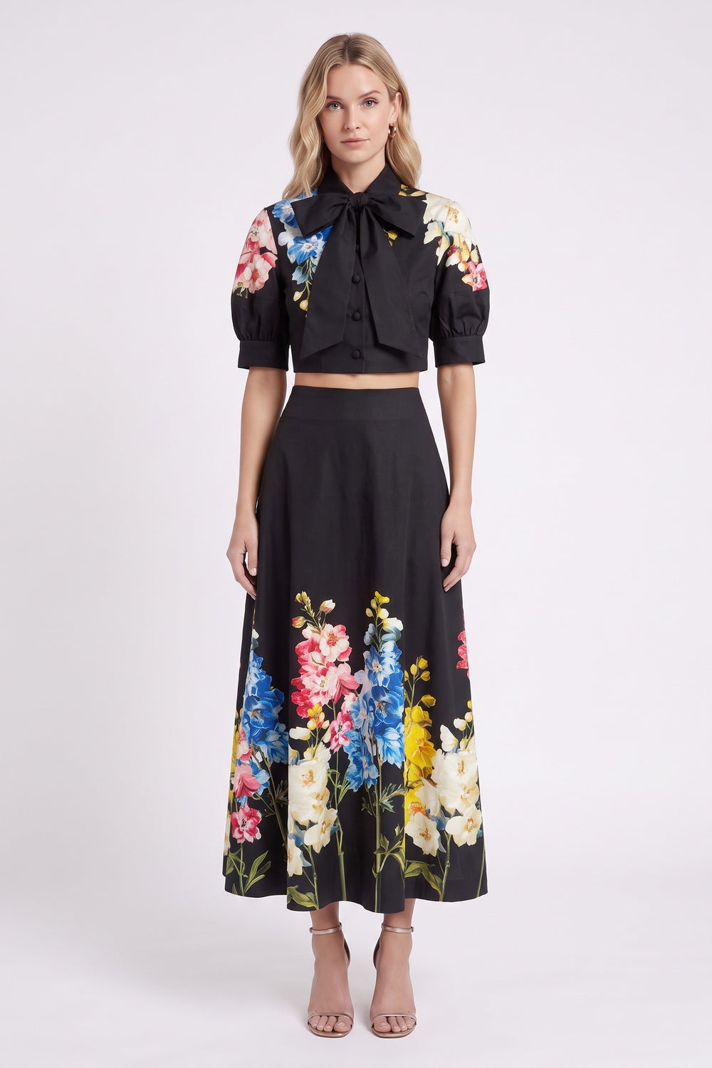 Black Floral Print Structured Two-Piece Set with Puff Sleeve Blouse and Midi Skirt black structured woven cotton or linen blend two-piece set - product view 1