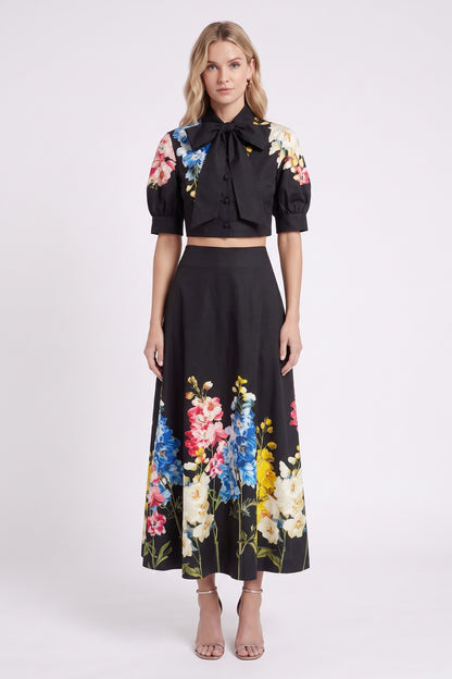 Black Floral Print Structured Two-Piece Set with Puff Sleeve Blouse and Midi Skirt black structured woven cotton or linen blend two-piece set - product view 1