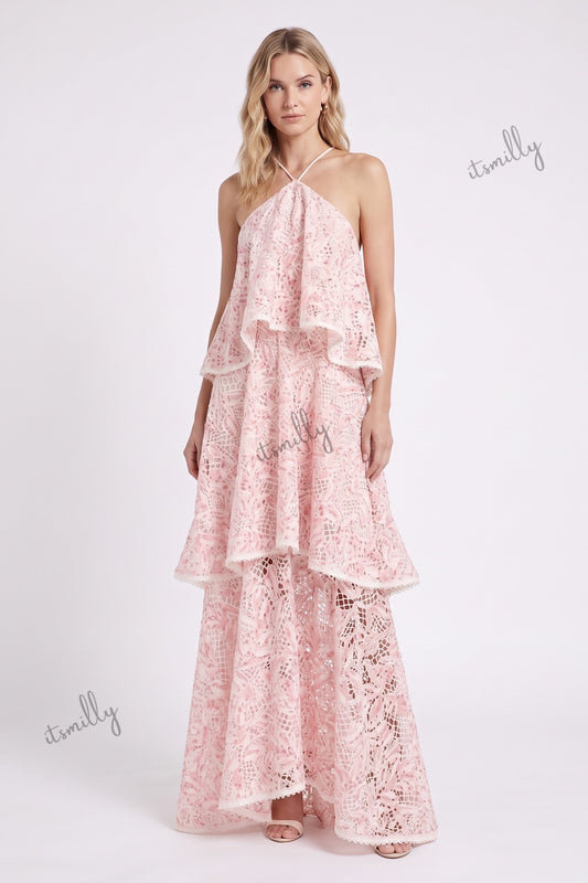 Light Pink Floral Lace Tiered Maxi Dress light pink floral lace dress - product view 1