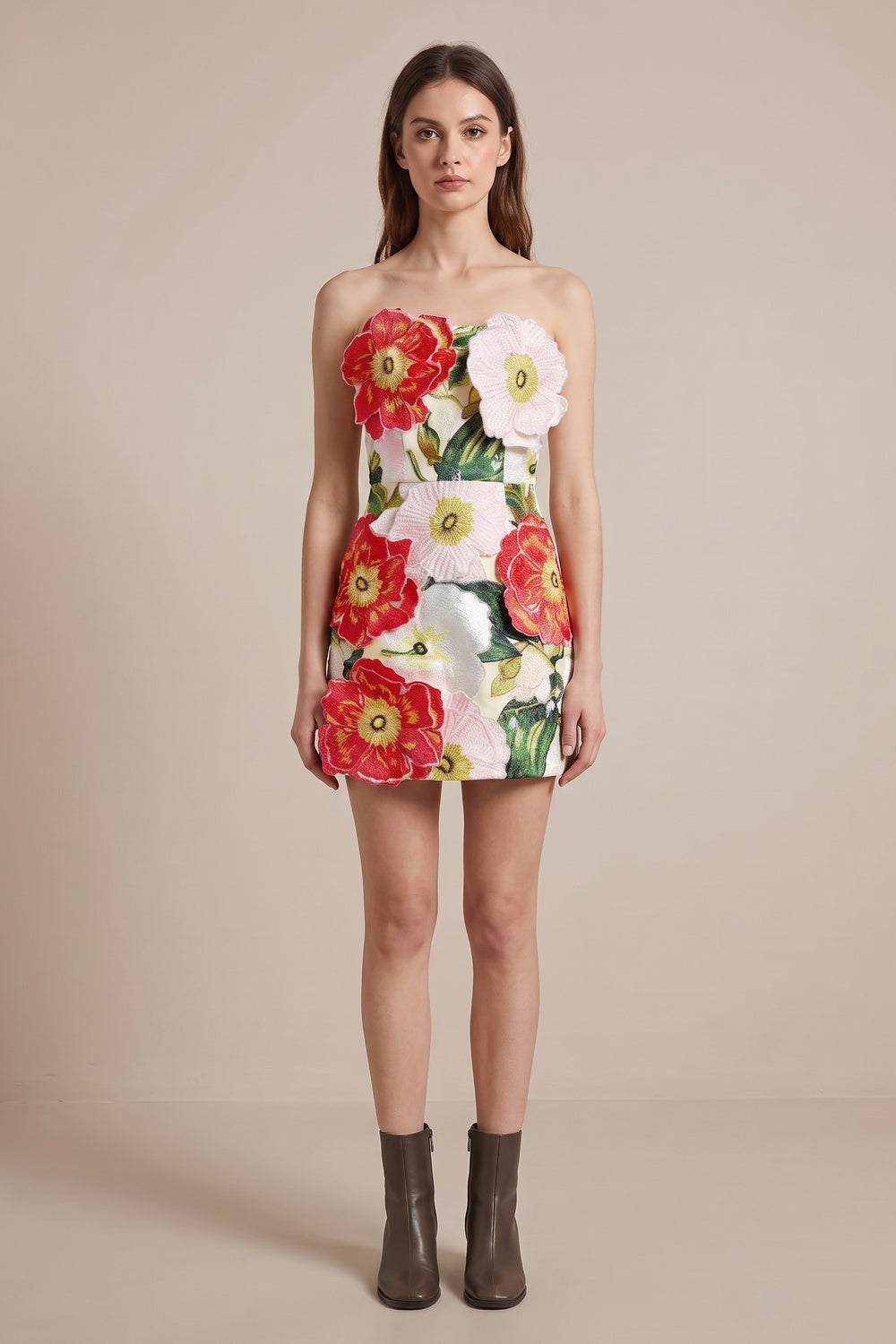 White Brocade Floral Appliqué Mini Dress white brocade dress - product view 1