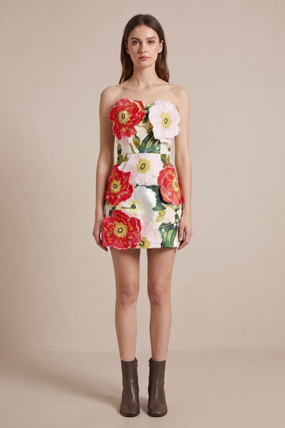 White Brocade Floral Appliqué Mini Dress white brocade dress - product view 1