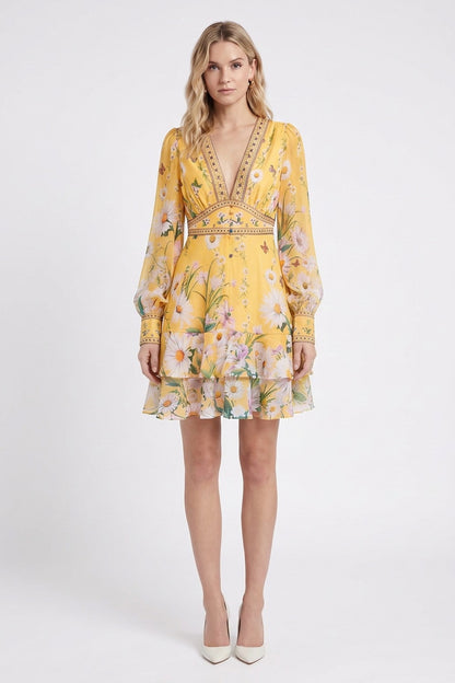 Yellow Chiffon Fit-and-Flare Dress with Floral and Butterfly Print yellow chiffon dress - product view 1