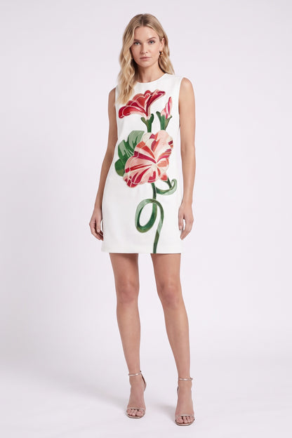 White Structured Crepe Mini Dress with Asymmetric Floral Print white structured heavy crepe dress - product view 1
