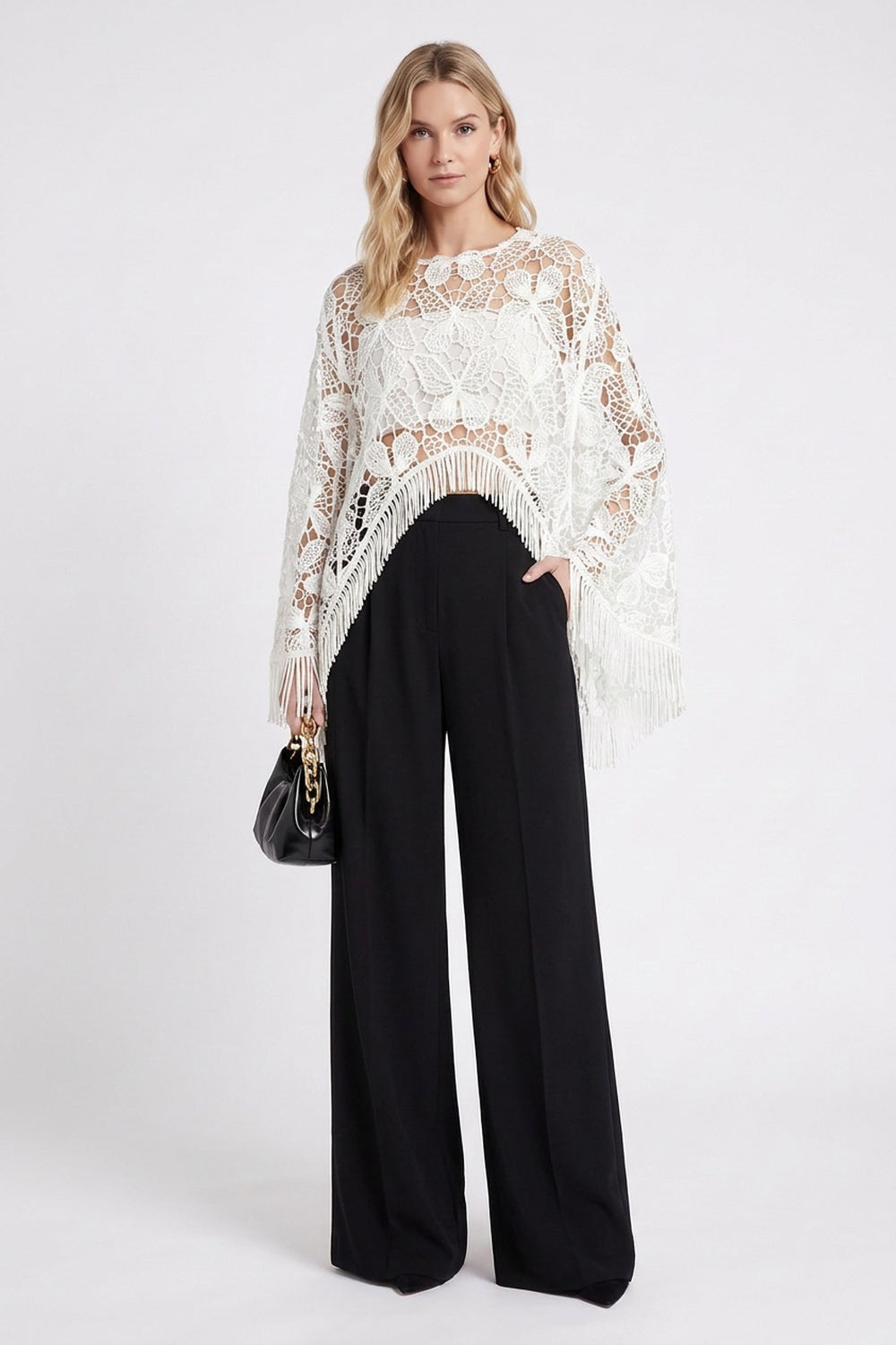 White Guipure Lace Fringe Poncho Top with Black Wide-Leg Trousers Set white, black guipure lace (top), woven crepe (trousers) two-piece set (poncho top and wide-leg trousers) - product view 1