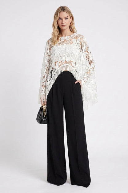 White Guipure Lace Fringe Poncho Top with Black Wide-Leg Trousers Set white, black guipure lace (top), woven crepe (trousers) two-piece set (poncho top and wide-leg trousers) - product view 1