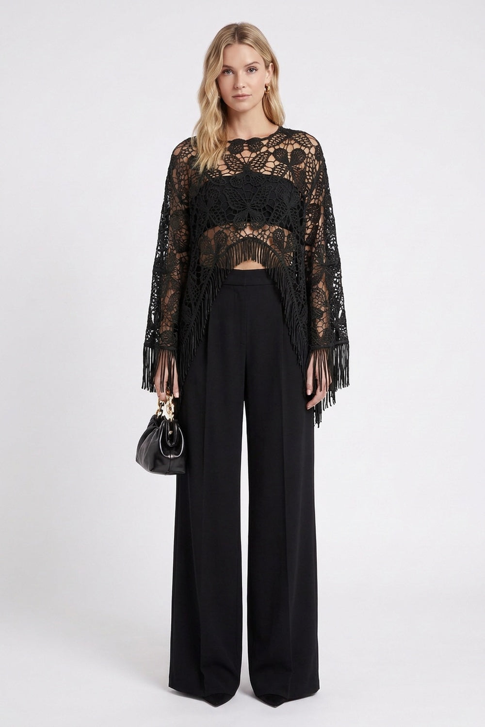 Black Guipure Lace Fringed Poncho Top black guipure lace poncho top - product view 1