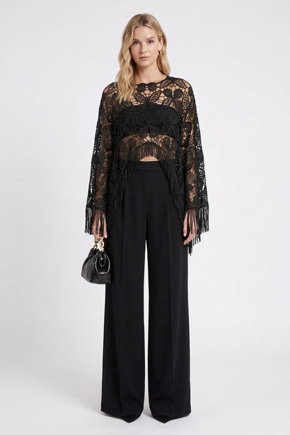 Black Guipure Lace Fringed Poncho Top black guipure lace poncho top - product view 1