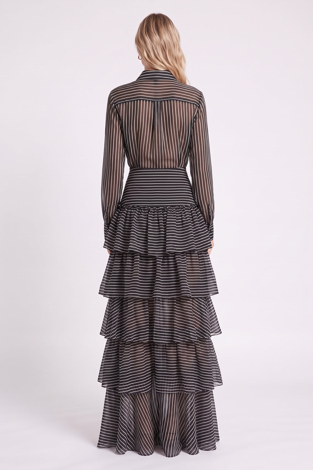 Black Sheer Chiffon Two-Piece Matching Set with Asymmetrical Tiered Skirt black, white sheer chiffon or organza two-piece matching set (shirt and skirt) - product view 3