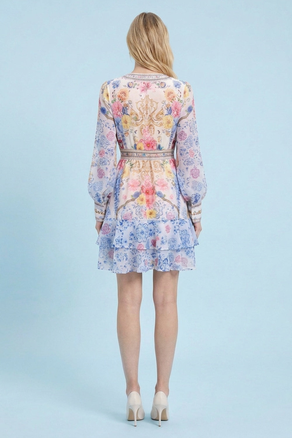Baroque Floral Chiffon Mini Dress white, light blue, pink, yellow chiffon dress - product view 3